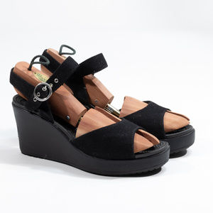Crocs Ankle Strap Wedge Sandal in Black Canvas